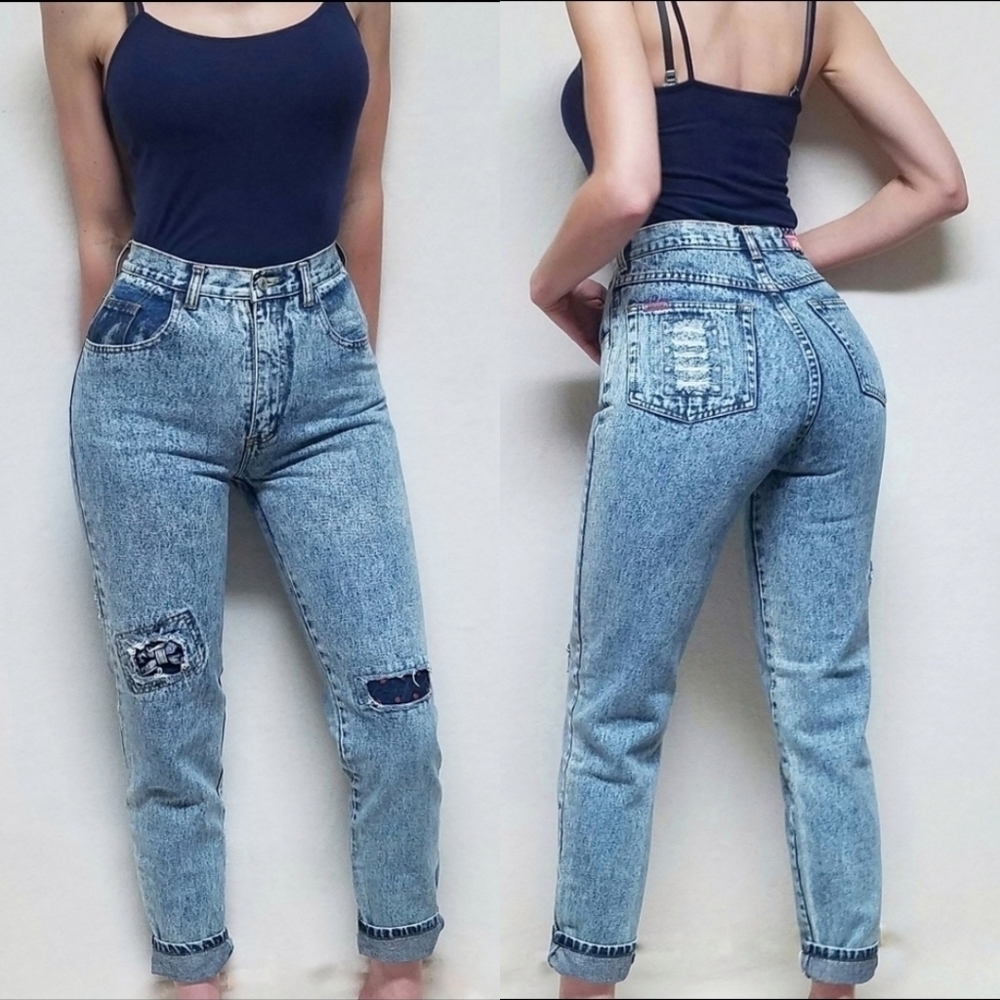 VINTAGE Jordache Acid Wash Distressed Polka-dot Extra High Rise Tapered Jean